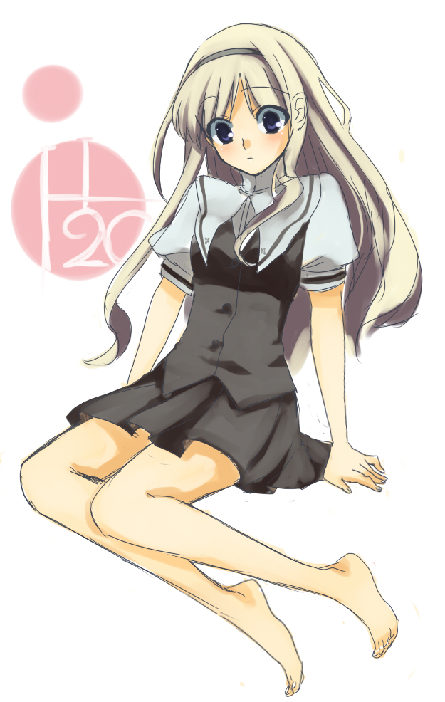 01 0219, kagura hinata, h2o footprints in the sand, bad id, bad pixiv id, 00s, 1girl, barefoot, blonde hair, blue eyes, feet, female focus, hairband, long hair, school uniform, serafuku, sitting, skirt, solo, yokozuwari