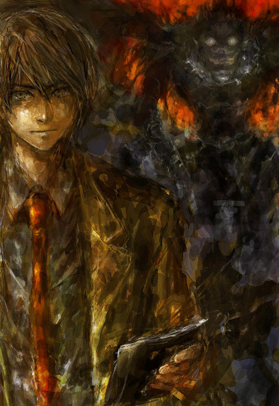 ryuk, yagami light, death note, 00s, 2boys, black shirt, book, brown eyes, brown hair, closed mouth, collared shirt, dress shirt, formal clothes, jacket, looking at viewer, male focus, monster, multiple boys, necktie, oekaki, open clothes, open jacket, red necktie, shirt, smile, suit, upper body
