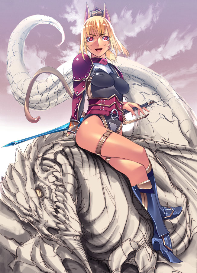 mithra (ff11), final fantasy, final fantasy xi, 00s, 1girl, animal ears, blonde hair, breasts, cat ears, cat girl, cat tail, covered erect nipples, female focus, large breasts, looking at viewer, no bra, red eyes, solo, sword, tail, weapon