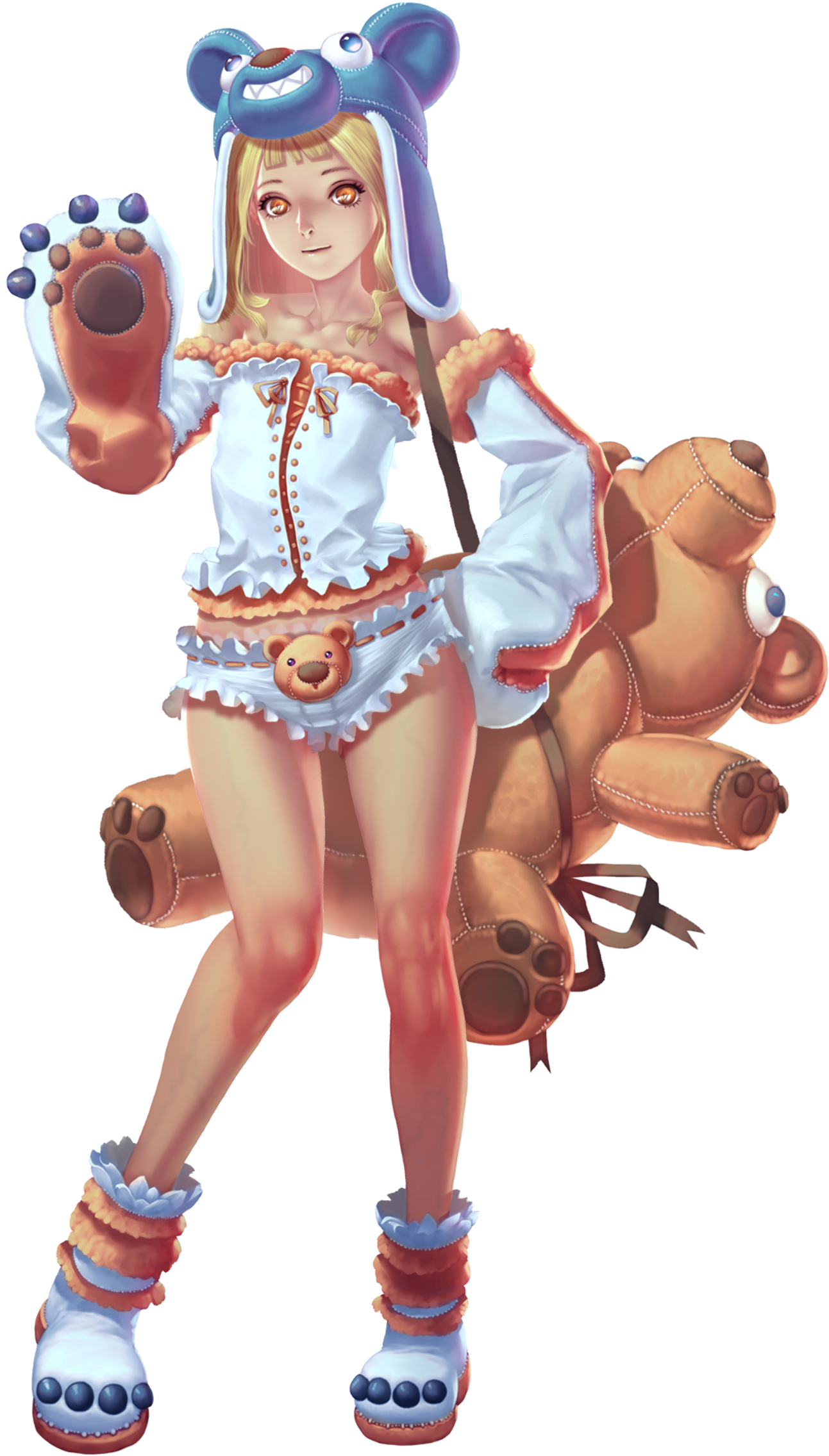 crystal maiden (series), artist request, game cg, highres, official art, variant set, 1girl, animal costume, animal hands, bare legs, bare shoulders, blonde hair, detached sleeves, flat chest, frills, full body, gloves, hand on own hip, holding, holding stuffed toy, orange eyes, paw gloves, pebbles (crystal maidens), solo, stuffed animal, stuffed toy, transparent background