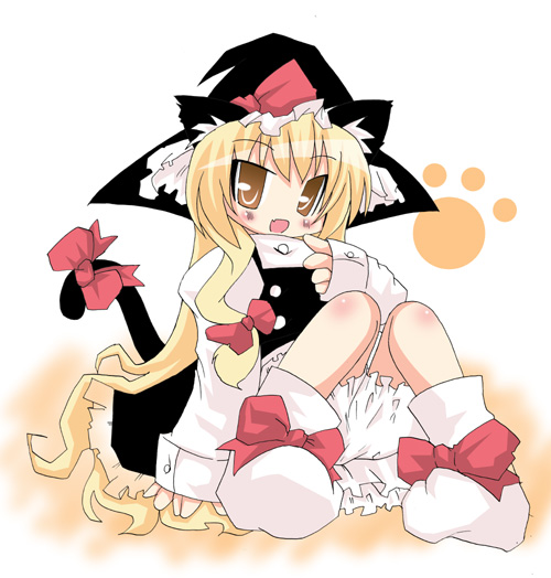 muuba, kirisame marisa, touhou, 1girl, animal ears, blonde hair, bloomers, cat ears, cat girl, cat tail, female focus, full body, hat, solo, tail, underwear, white background, white bloomers, witch, witch hat