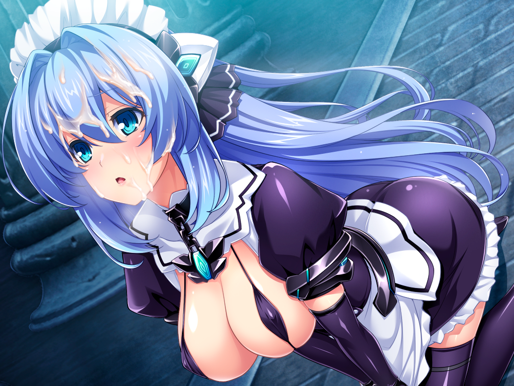 inoino, exs-tia, katsuragi marina, kouyoku senki exs-tia, game cg, large variant set, non-web source, official art, variant set, 1girl, apron, bikini, bikini top only, black bikini, black gloves, black skirt, black thighhighs, blue eyes, blue hair, blush, boots, breasts, brick floor, chain, chest jewel, cleavage, collar, covered erect nipples, cum, cum on body, cum on hair, dress, dutch angle, elbow gloves, facial, floating hair, frilled skirt, frills, gloves, hair between eyes, hair intakes, headgear, indoors, kneeling, large breasts, long hair, maid, maid headdress, micro bikini, miniskirt, open mouth, puffy short sleeves, puffy sleeves, purple thighhighs, shiny clothes, shiny legwear, shiny skin, short dress, short sleeves, sitting, skirt, solo, strap gap, swimsuit, thigh boots, thighhighs, v arms, very long hair, waist apron, white apron, zettai ryouiki