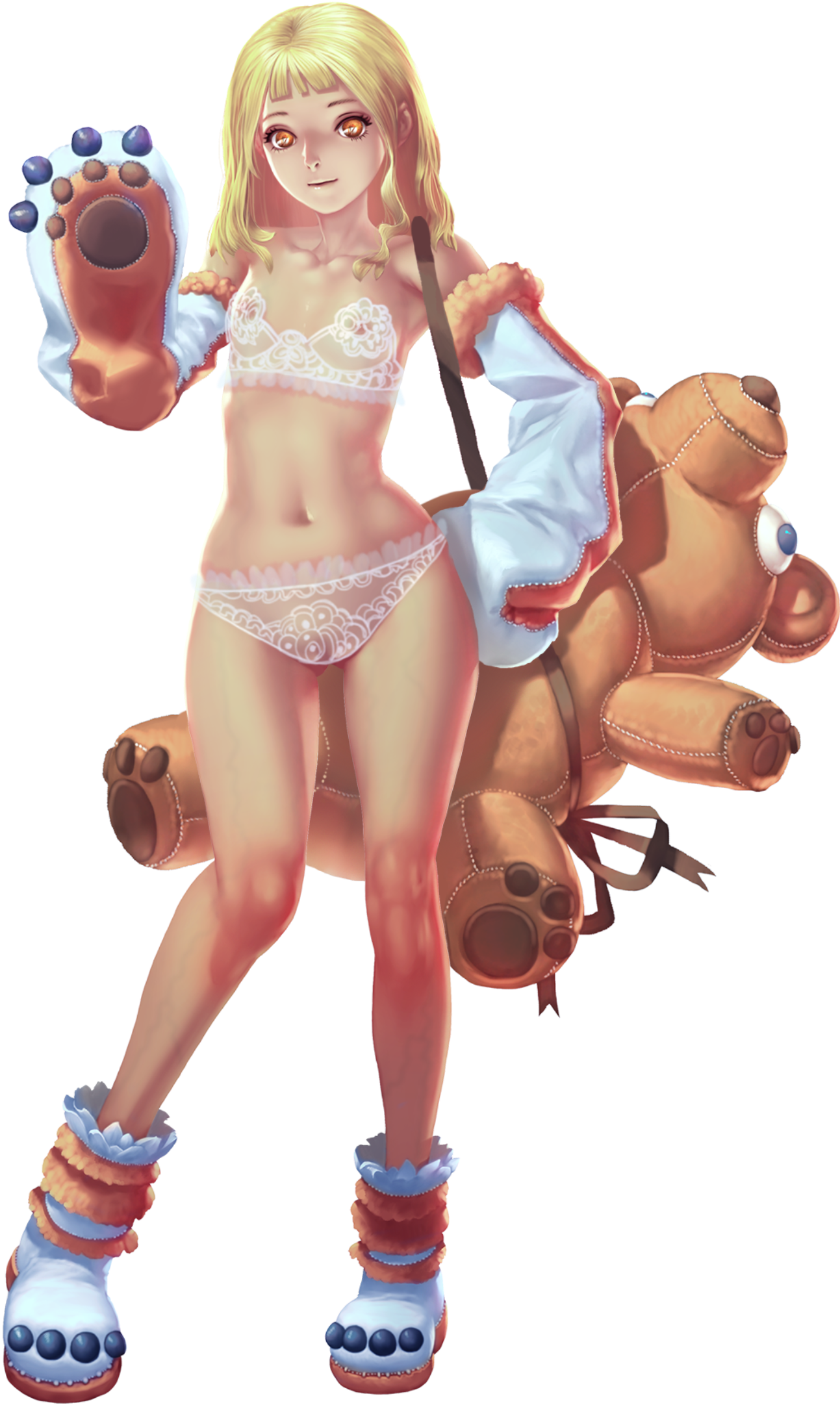 crystal maiden (series), artist request, game cg, highres, official art, variant set, 1girl, animal costume, animal hands, bare legs, bare shoulders, blonde hair, bra, covered erect nipples, detached sleeves, flat chest, frilled bra, frilled panties, frills, full body, gloves, hair over shoulder, hand on own hip, holding, holding stuffed toy, navel, no headwear, orange eyes, panties, paw gloves, pebbles (crystal maidens), see-through bra, see-through clothes, solo, stuffed animal, stuffed toy, transparent background, underwear