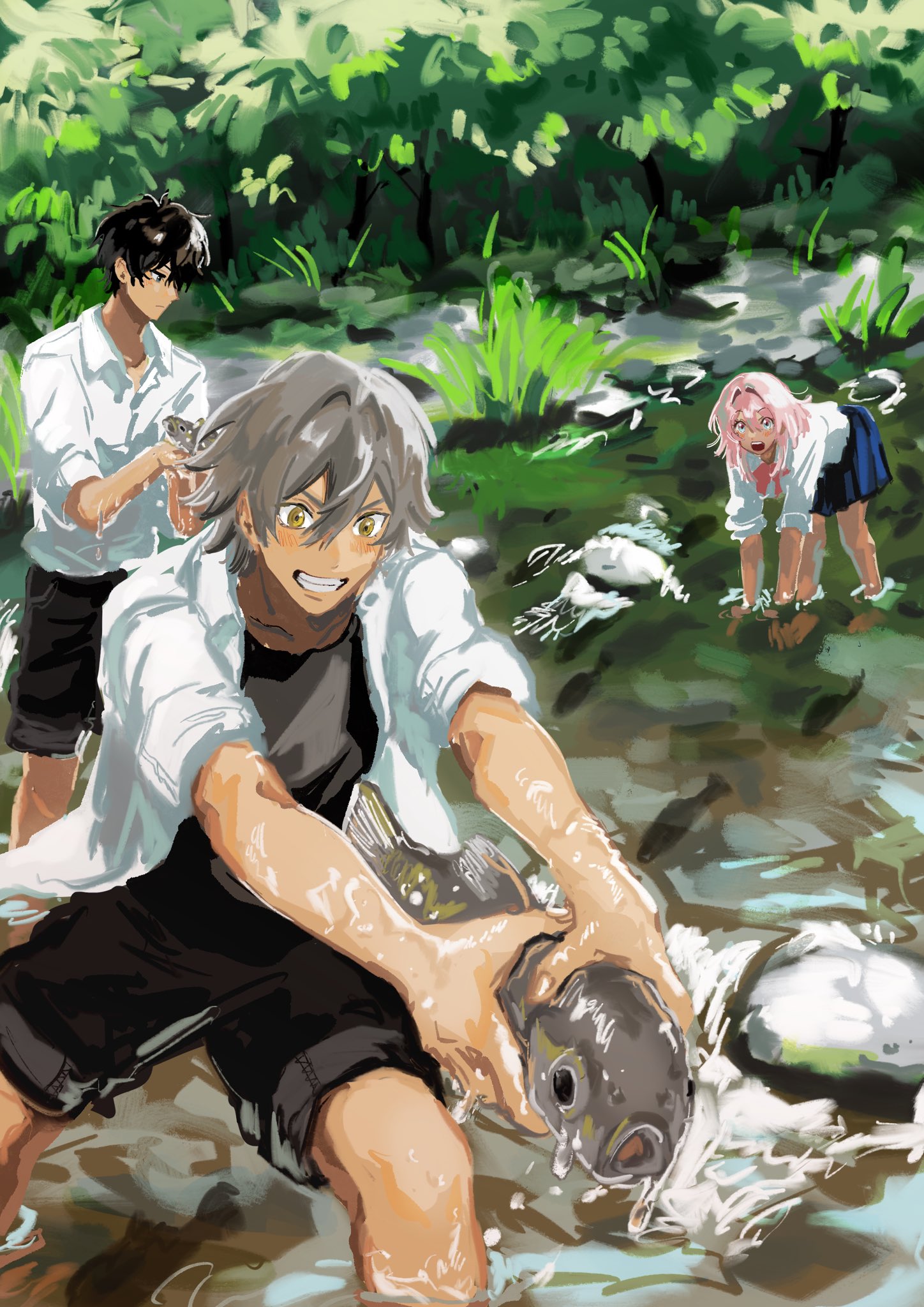 caelus (honkai: star rail), dan heng (honkai: star rail), march 7th (honkai: star rail), trailblazer (honkai: star rail), honkai: star rail, honkai (series), commentary request, highres, 1girl, 2boys, alternate costume, barefoot, black hair, black shirt, black shorts, blue eyes, blue skirt, blush, c62201p, closed mouth, collarbone, collared shirt, day, fish, grass, grey hair, hair between eyes, holding, looking at another, looking down, multicolored eyes, multiple boys, multiple girls, open clothes, open mouth, open shirt, outdoors, pink hair, pleated skirt, purple eyes, river, rock, shirt, short hair, short sleeves, shorts, sidelocks, skirt, smile, standing, teeth, tree, v-shaped eyebrows, wet, white shirt, yellow eyes