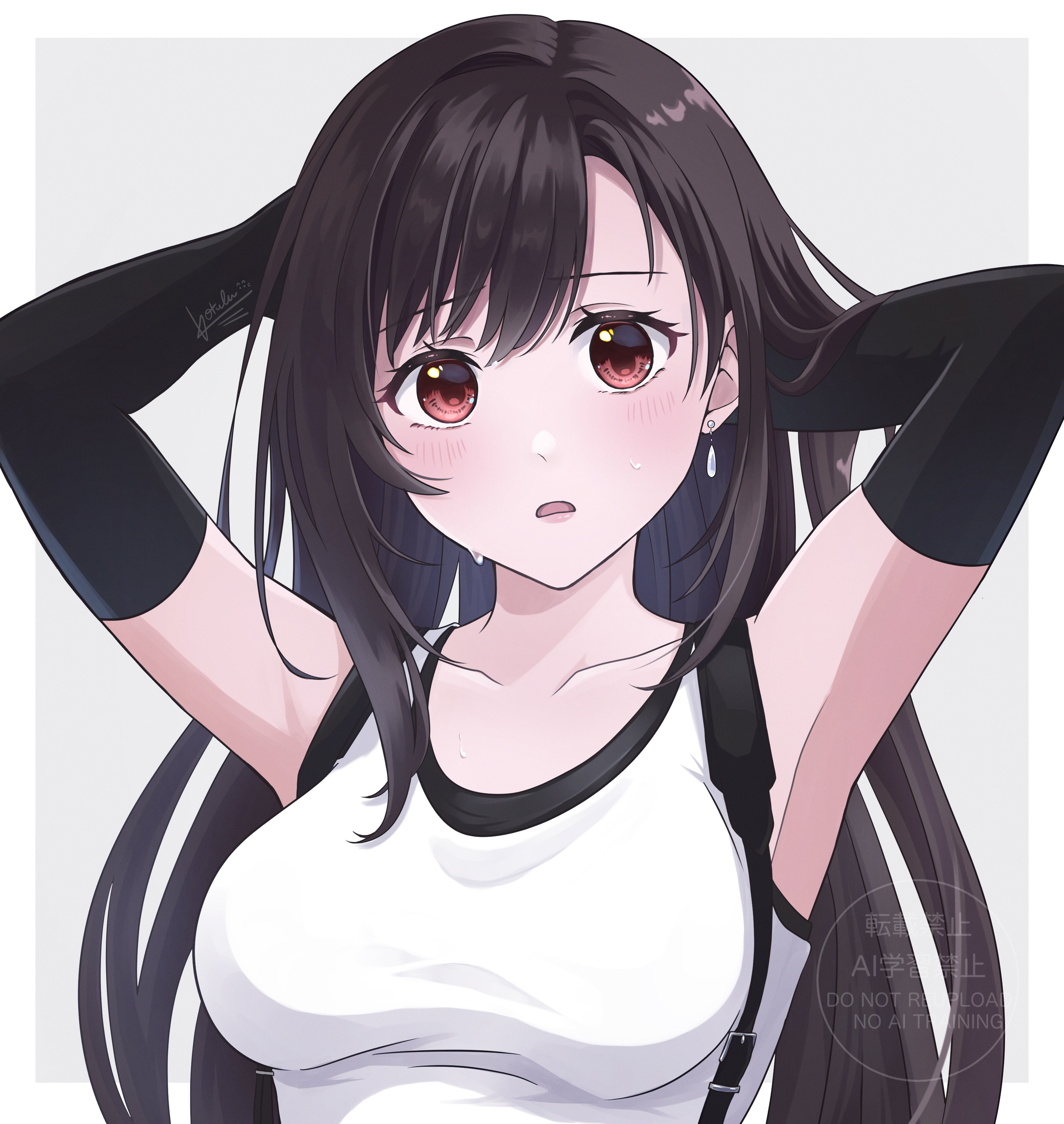 kt9 ct, tifa lockhart, final fantasy, final fantasy vii, final fantasy vii remake, absurdres, highres, 1girl, arm up, armpits, arms behind head, bare shoulders, black gloves, black hair, blush, breasts, collarbone, earrings, elbow gloves, gloves, grey background, hot, jewelry, long hair, looking at viewer, medium breasts, open mouth, red eyes, single earring, solo, suspenders, sweat, tank top, teardrop earrings, upper body, white tank top
