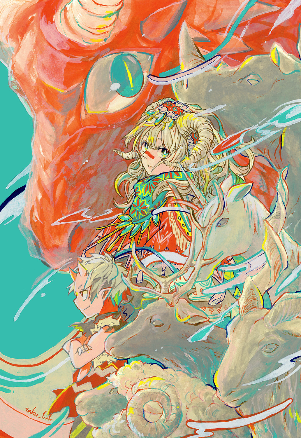 original, highres, 1boy, 1girl, animal, aqua background, aqua scarf, bright pupils, capelet, crossed arms, deer, double-parted bangs, dragon, floral print scarf, from side, goat, green eyes, hair ornament, horns, long hair, nose marking, red capelet, red eyes, rhinoceros, sakai raku, scarf, sheep, sheep horns, short hair, skin-covered horns, smoke, tassel-trimmed capelet, unicorn, white hair, white horns, white pupils