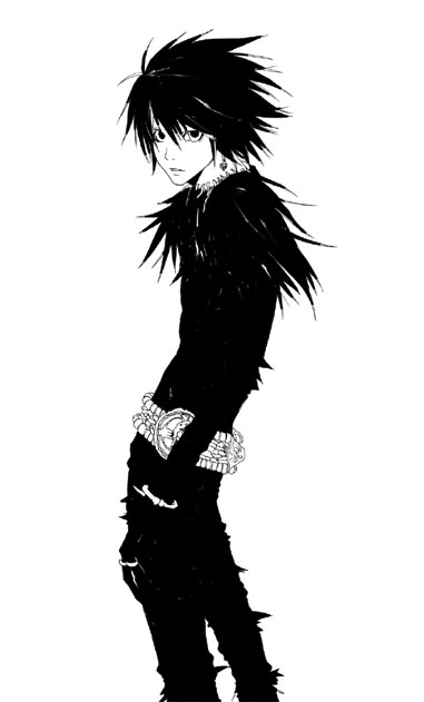 l (death note), ryuk, death note, 1boy, bags under eyes, cosplay, from side, greyscale, male focus, monochrome, parody, shinigami, simple background, solo, white background