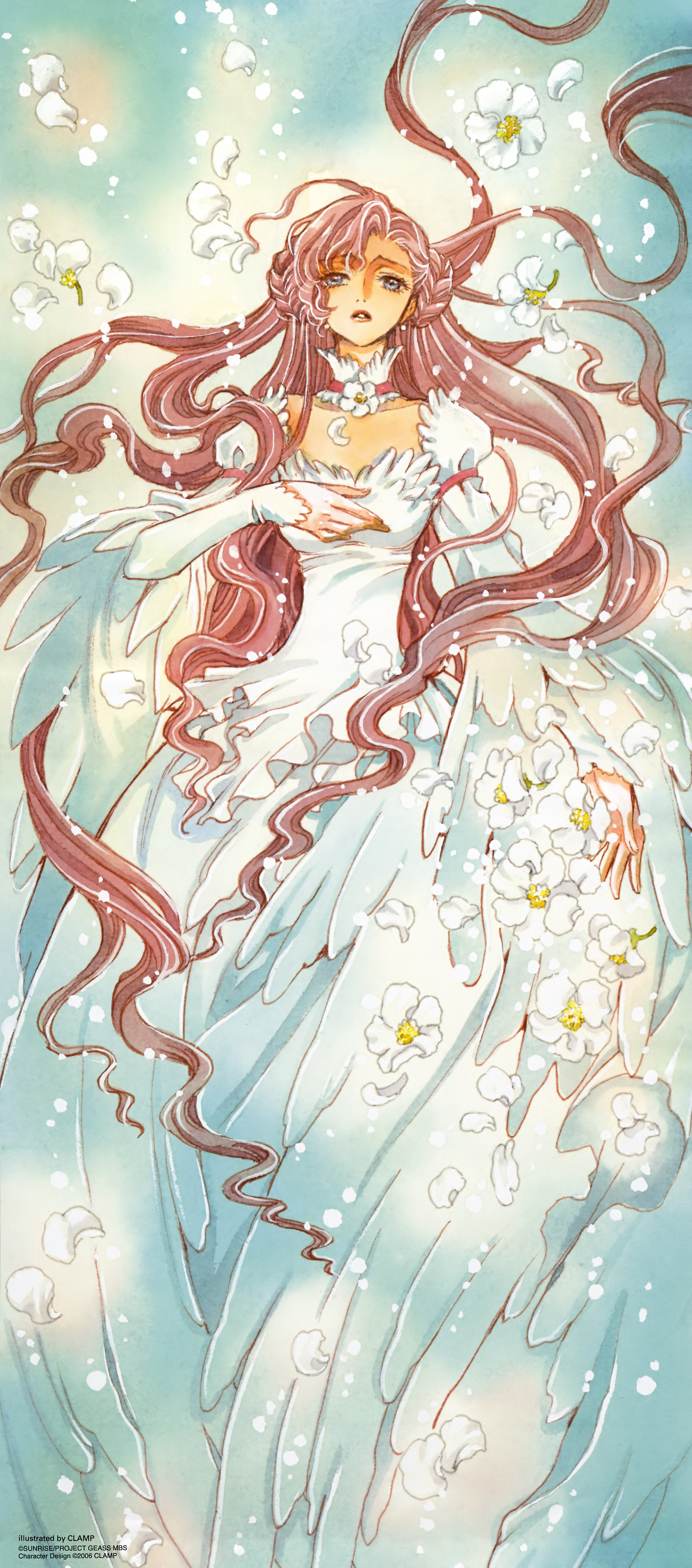 clamp, euphemia li britannia, code geass, absurdres, highres, non-web source, 00s, ahoge, braid, braided bun, bride, donut hair bun, dress, earrings, gem, hair bun, jewelry, layered sleeves, long hair, pale color, pearl (gemstone), pearl earrings, solo, very long hair, wedding dress, white theme
