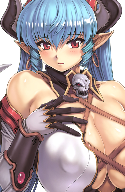 mogudan, comic unreal, 1girl, blue hair, breasts, cleavage, demon girl, female focus, horns, huge breasts, nipples, pointy ears, puffy nipples, red eyes, solo
