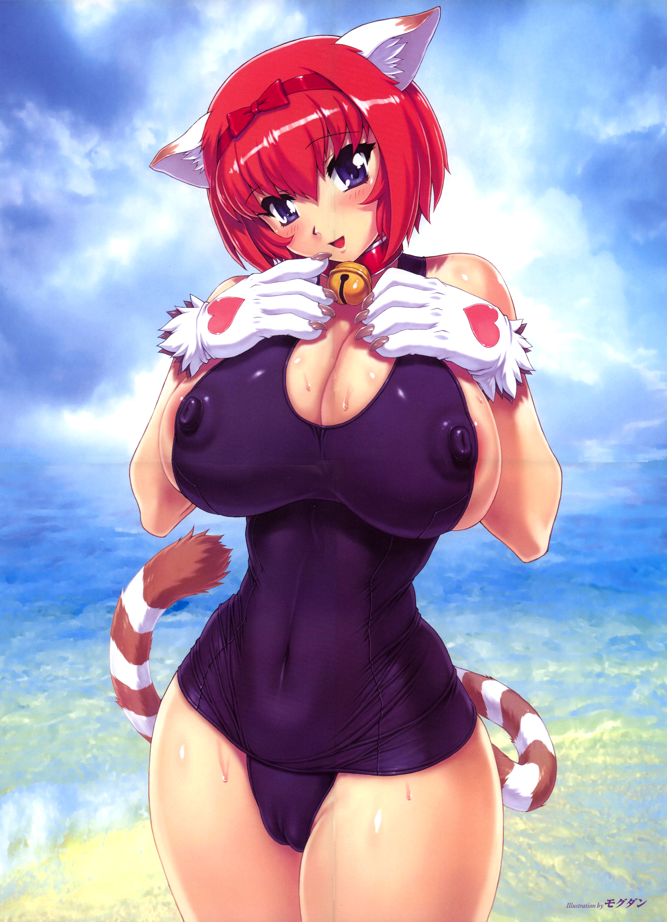mogudan, absurdres, highres, 1girl, animal ears, animal hands, areola slip, bell, breasts, cameltoe, cat ears, cat tail, collar, covered erect nipples, female focus, huge breasts, large breasts, neck bell, nipple slip, nipples, one-piece swimsuit, puffy nipples, solo, swimsuit, tail