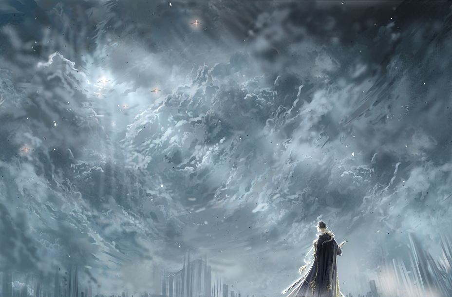 wo shi baitao zong, alkaid mcgrath, alkaid mcgrath (infinite empire), lovebrush chronicles, chinese commentary, 1boy, aiguillette, aircraft, black cape, blonde hair, building, cape, city, cloud, cloudy sky, facing away, from behind, full body, hat, holding, holding sword, holding weapon, light rays, long hair, long sleeves, low ponytail, male focus, military hat, military uniform, peaked cap, ponytail, sheath, sheathed, sky, sky focus, skyscraper, solo, standing, sunlight, sword, tassel, weapon, wide shot