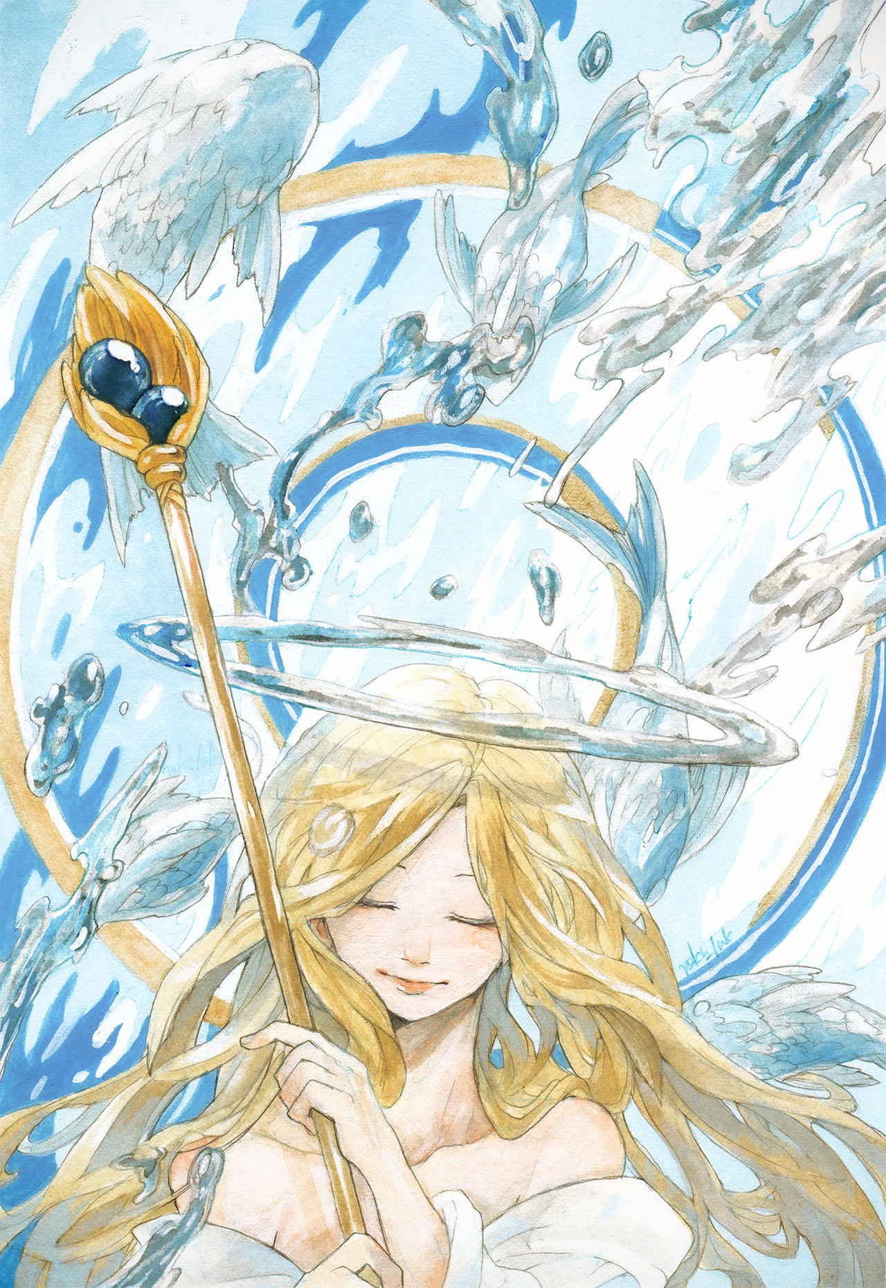 original, acrylic paint (medium), highres, painting (medium), traditional media, watercolor (medium), 1girl, bare shoulders, blonde hair, blue background, closed eyes, closed mouth, collarbone, fish, flying fish, halo, hands up, holding, holding staff, hydrokinesis, light smile, lipgloss, long hair, nostrils, off shoulder, parted hair, portrait, sakai raku, shirt, side part, solo, staff, straight-on, three-quarter sleeves, two-handed, two-tone background, u u, very long hair, water, water halo, white background, white shirt, wide shot