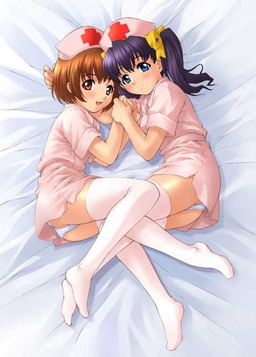 2girls, blue eyes, blue hair, blush, brown eyes, brown hair, multiple girls, nurse, panties, short hair, thighhighs, underwear, yuri