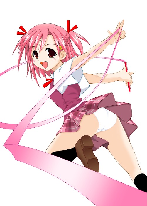 sasaki makie, mahou sensei negima!, 00s, blush, panties, plaid clothes, plaid skirt, red hair, school uniform, serafuku, skirt, solo, underwear