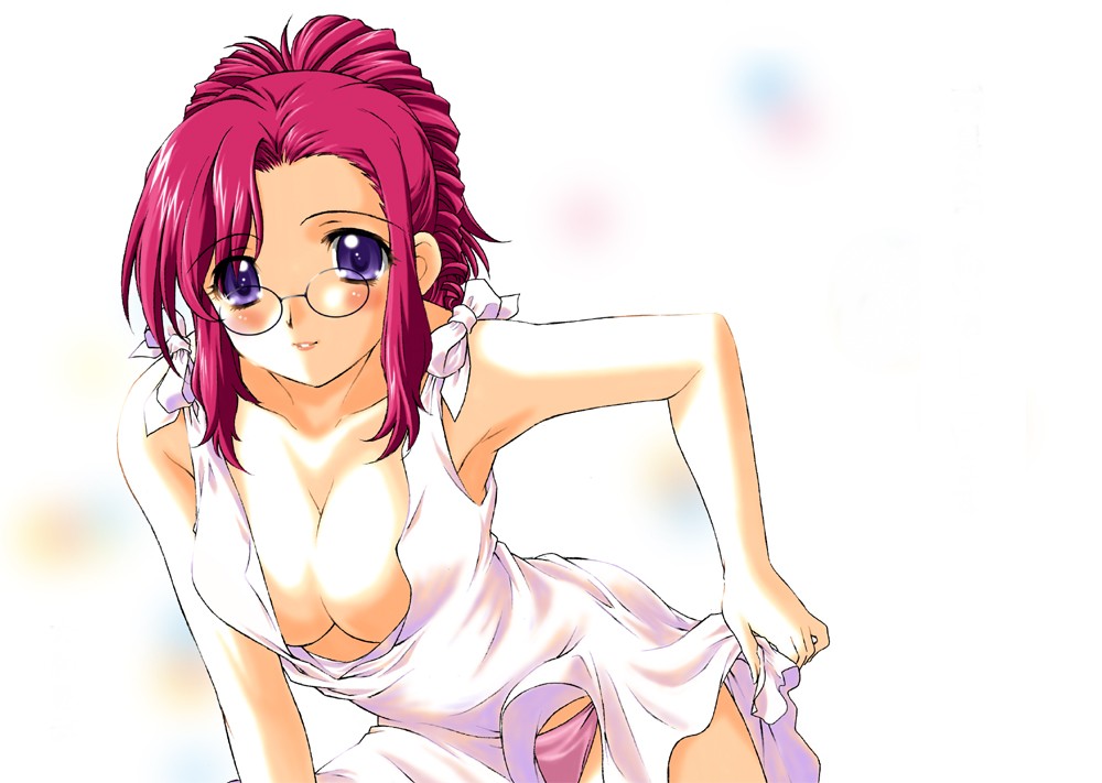 kazami mizuho, onegai teacher, 00s, blush, breasts, chemise, cleavage, clothes lift, glasses, large breasts, panties, pantyshot, pince-nez, purple eyes, red hair, skirt, skirt lift, solo, teacher, underwear