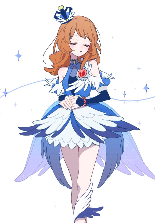 yaiyaiko, nikaidou tamaki, ozora akari, aikatsu!, aikatsu! (series), himitsu no aipri, pretty series, 1girl, bare shoulders, blue dress, closed eyes, cosplay, crossover, crown, dot nose, dress, idol, idol clothes, legs together, long hair, mini crown, nikaidou tamaki (cosplay), orange hair, own hands together, parted lips, simple background, solo, sparkle, standing, wavy hair, white background, white dress