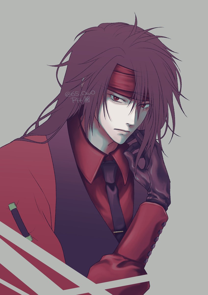 roco pic, vincent valentine, vincent valentine (bouncer suit), final fantasy, final fantasy vii, final fantasy vii ever crisis, commentary request, highres, 1boy, black gloves, black hair, black necktie, black vest, closed mouth, collared shirt, gloves, grey background, headband, long hair, looking at viewer, male focus, necktie, official alternate costume, red eyes, red headband, red shirt, shirt, solo, upper body, vest