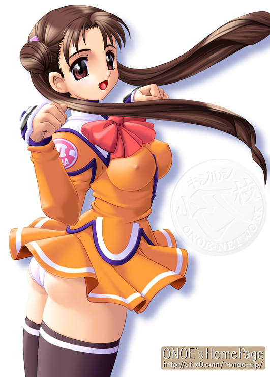 onoe, katase shima, uchuu no stellvia, 00s, 1girl, ass, bow, breasts, brown hair, covered erect nipples, female focus, long hair, orange shirt, panties, school uniform, serafuku, shirt, solo, thighhighs, twintails, underwear