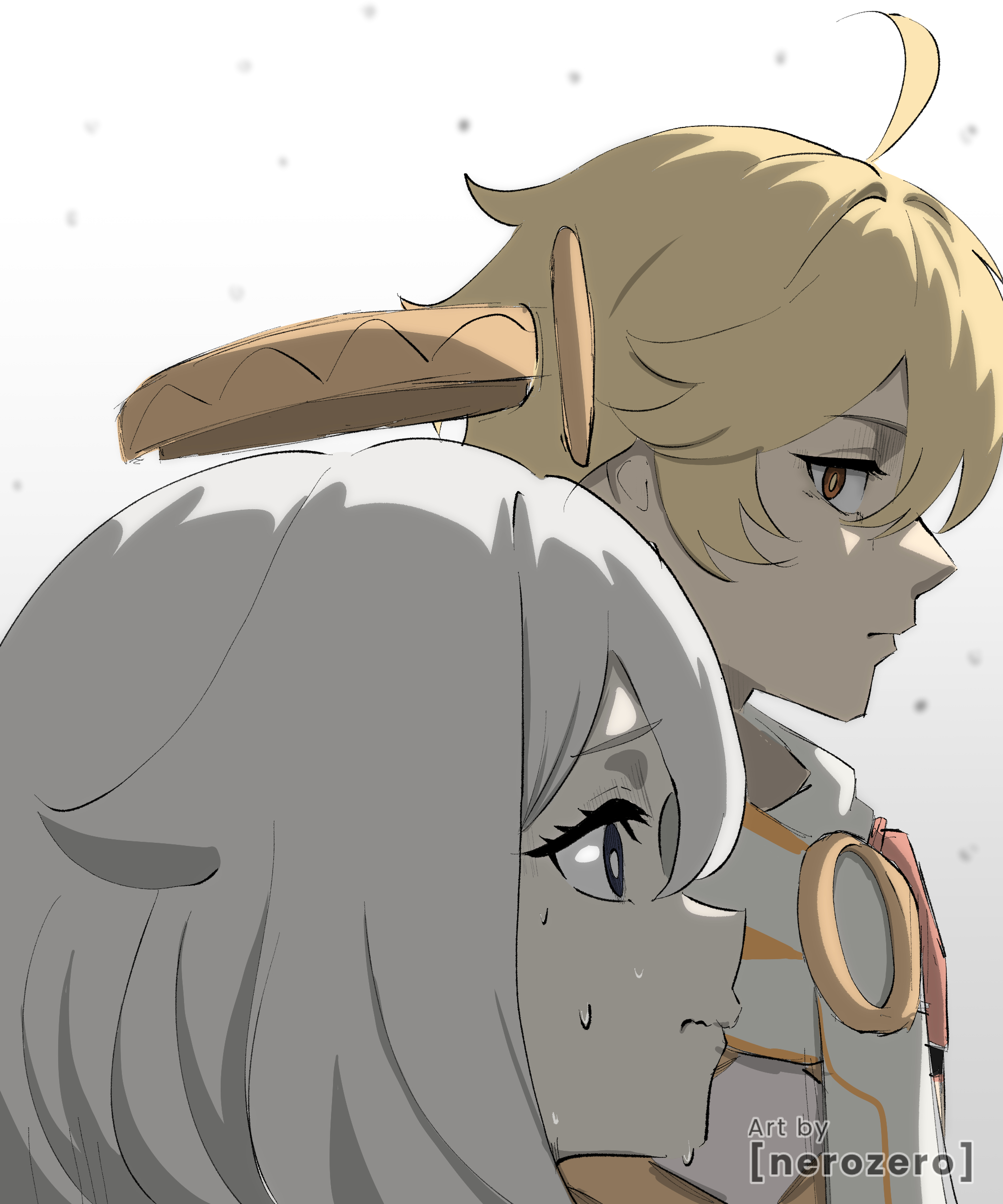 nerozero, aether (genshin impact), paimon (genshin impact), genshin impact, absurdres, highres, 1boy, 1girl, ahoge, artist name, blonde hair, halo, medium hair, nervous sweating, orange eyes, simple background, sweat, white background, white hair