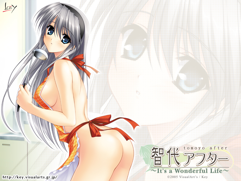 fumio (ura fmo), sakagami tomoyo, clannad, 00s, 1girl, apron, ass, blue eyes, blush, breasts, female focus, long hair, naked apron, solo, zoom layer