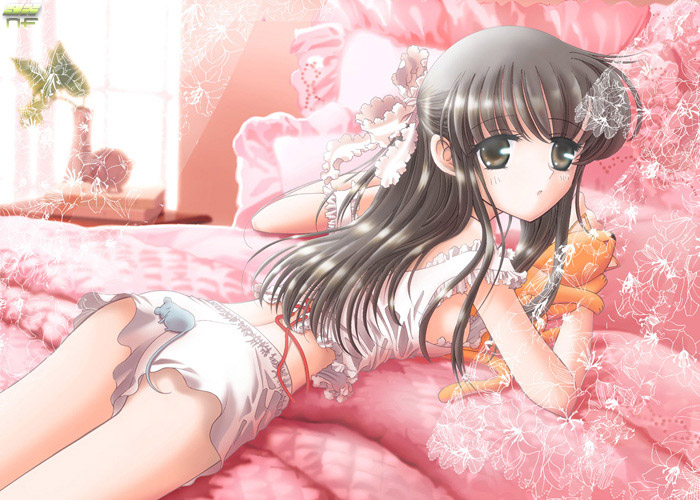 honda tooru, sohma kyou, sohma yuki, fruits basket, mouse, wallpaper, tagme, bed, bloomers, bow, brown eyes, brown hair, cat, frills, hair bow, lingerie, long hair, on stomach, pajamas, pillow, ribbon, underwear
