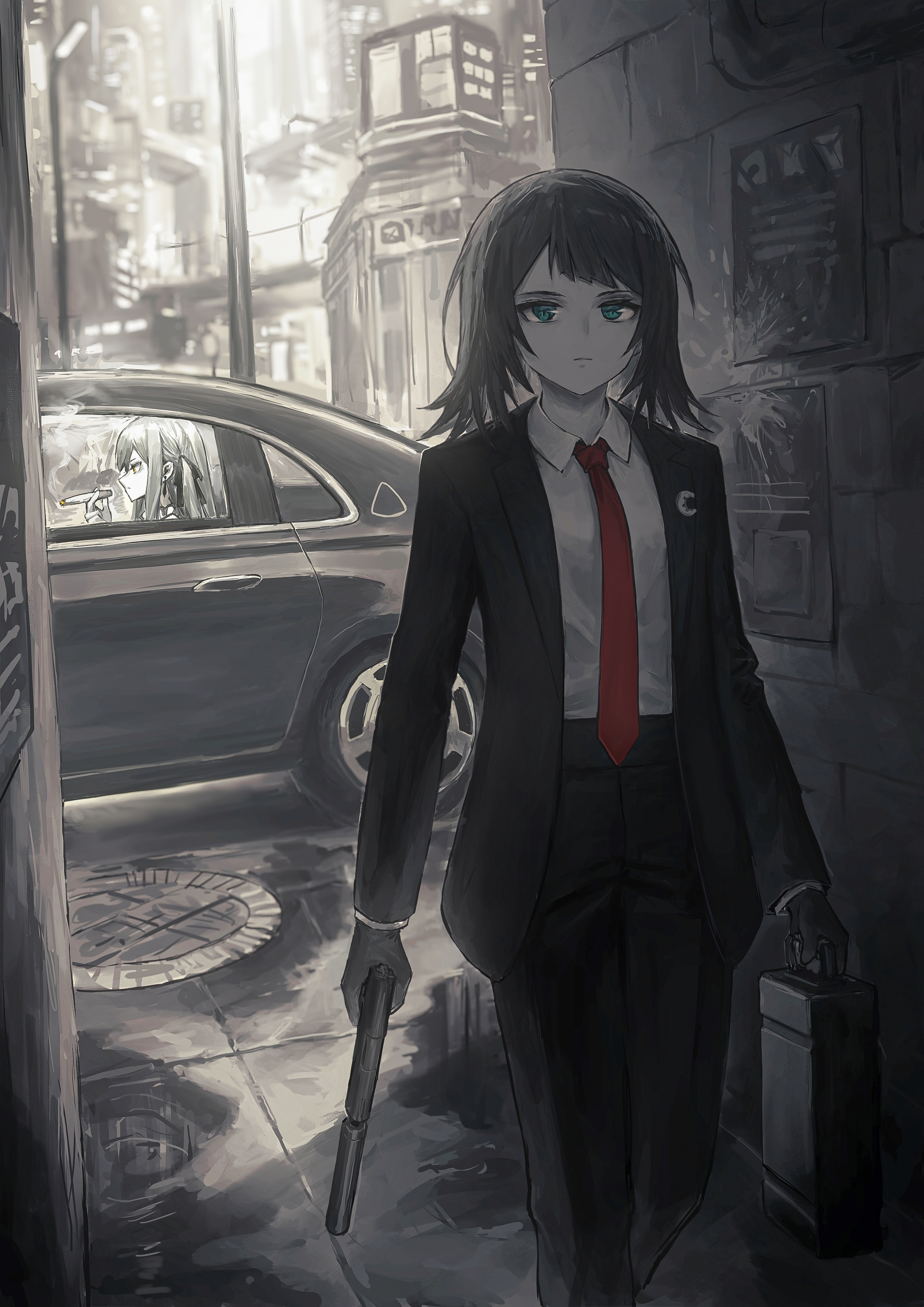 antitankhiyoko, togawa sakiko, yahata umiri, bang dream!, bang dream! it's mygo!!!!!, absurdres, chinese commentary, commentary request, highres, 2girls, alley, alternate costume, briefcase, building, business suit, car, cigarette, city, closed mouth, collared shirt, expressionless, formal clothes, gloves, gun, holding, holding briefcase, holding cigarette, holding gun, holding weapon, long sleeves, monochrome, motor vehicle, multiple girls, necktie, outdoors, pants, red necktie, road, shirt, smoking, spot color, standing, street, suit, walking, weapon