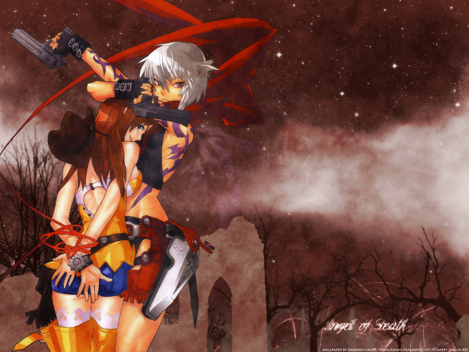 hakua ugetsu, jo (bakuretsu tenshi), meg (bakuretsu tenshi), bakuretsu tenshi, lace-trimmed legwear, white legwear, highres, 00s, 2girls, bdsm, blue eyes, bondage, bound, bound wrists, breast press, breasts, brown hair, cowboy hat, cowboy western, desert eagle, dual wielding, fingerless gloves, fringe trim, frown, gloves, gun, handgun, hat, holding, holster, lace, lace trim, long hair, midriff, miniskirt, multiple girls, pistol, scarf, semi-automatic pistol, short hair, shorts, skirt, small breasts, tattoo, thighhighs, weapon, white hair, zettai ryouiki