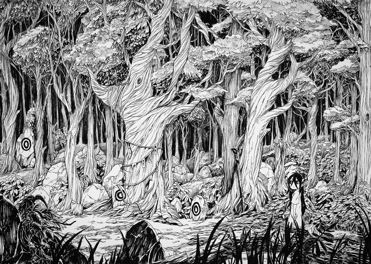 original, nib pen (medium), pen (medium), traditional media, 1girl, arms at sides, asymmetrical horns, black sclera, colored sclera, creature, dress, forest, greyscale, hair between eyes, high contrast, horns, long bangs, long dress, long hair, looking to the side, monochrome, nature, outdoors, overgrown, pointy ears, rock, sakai raku, short sleeves, solo, staff, uneven horns, when you see it, wide shot