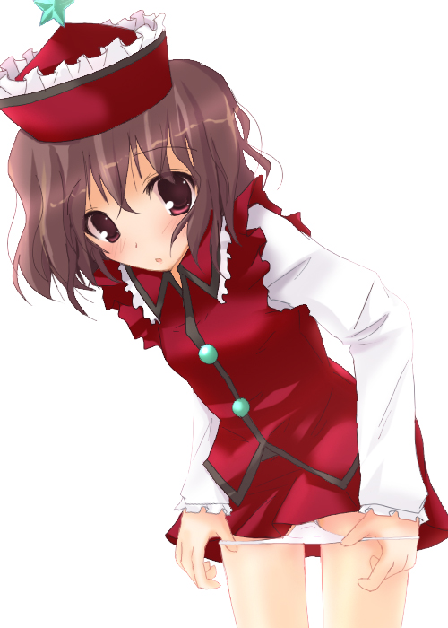 rikudou inuhiko, lyrica prismriver, touhou, 1girl, cowboy shot, female focus, hat, miniskirt, panties, panty pull, pulling own clothes, red hat, simple background, skirt, solo, underwear, white background