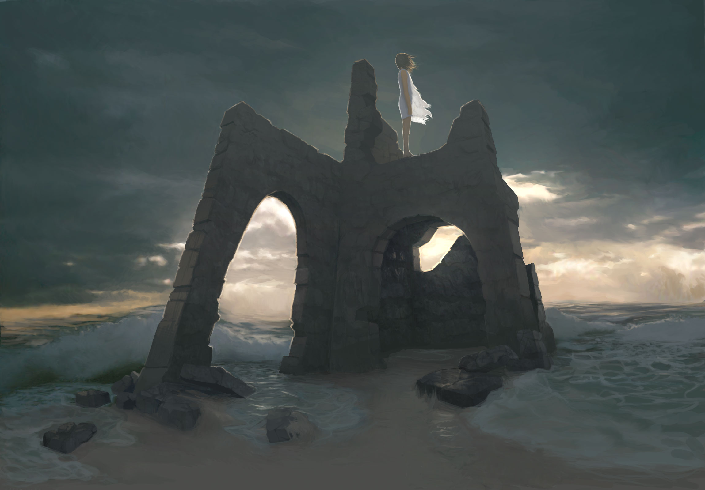 justin cherry, highres, 1girl, beach, cloud, dark, female focus, ruins, scenery, see-through clothes, solo, standing, stormy waters, wind