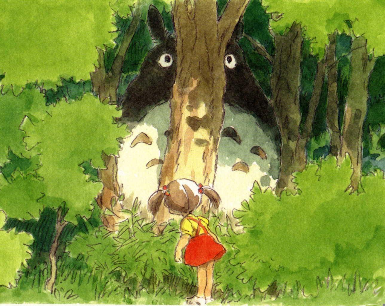 kusakabe mei, totoro, studio ghibli, tonari no totoro, white footwear, 1980s (style), 1girl, back, brown hair, bush, child, forest, grass, green theme, hair bobbles, hair ornament, hiding, leaning forward, legs together, long hair, looking at another, nature, outdoors, puffy short sleeves, puffy sleeves, red skirt, retro artstyle, shirt, shoes, short sleeves, skirt, standing, suspender skirt, suspenders, tree, twintails, yellow shirt