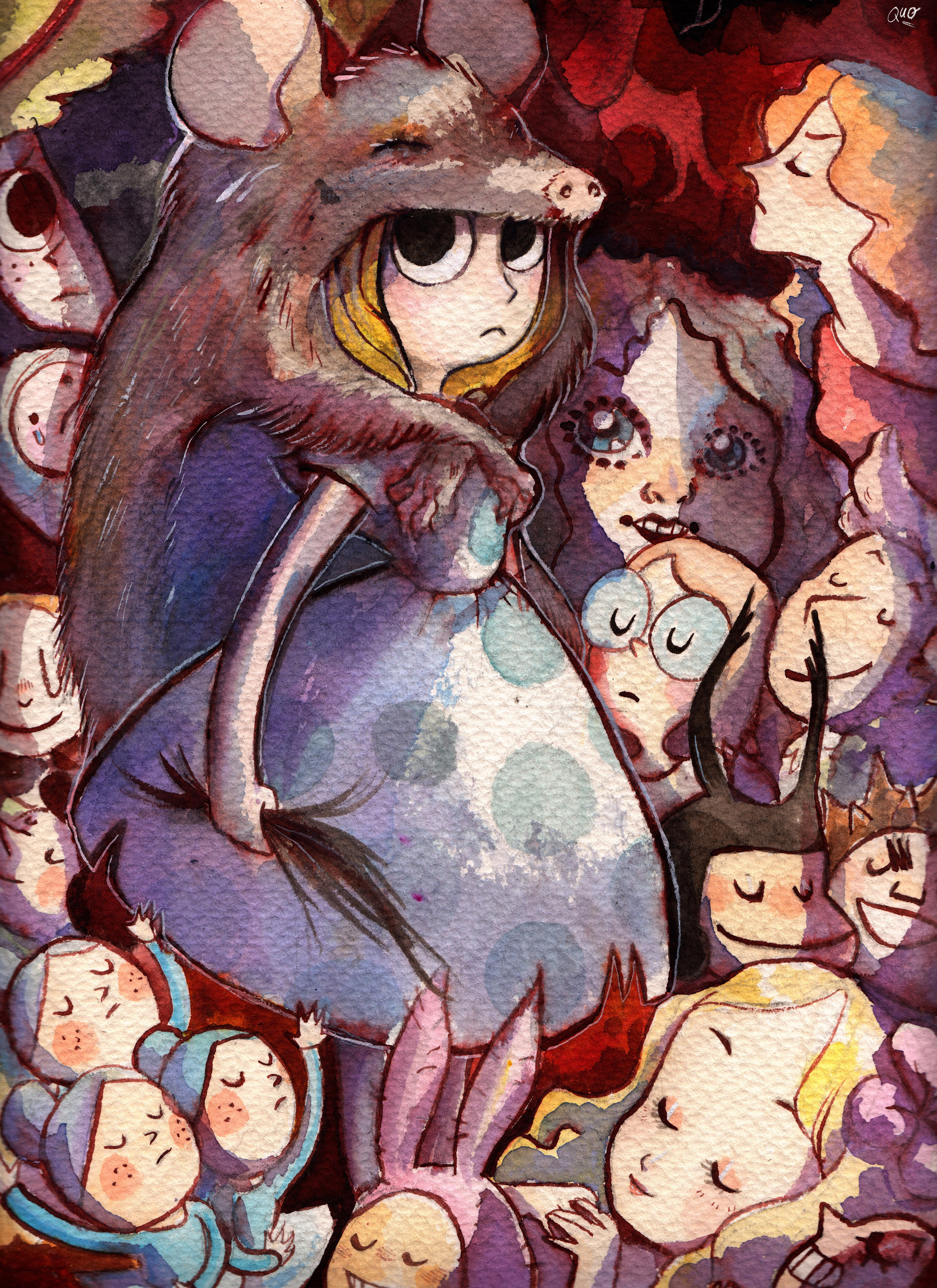 quo (quoiseternal), absurdres, highres, painting (medium), traditional media, watercolor (medium), 6+boys, 6+girls, animal ears, beautiful darkness, beetle horn, black eyes, blood, brown hair, closed eyes, dress, freckles, glasses, mob face, mouse ears, multiple boys, multiple girls, pelt, polka dot, polka dot dress, rabbit ears