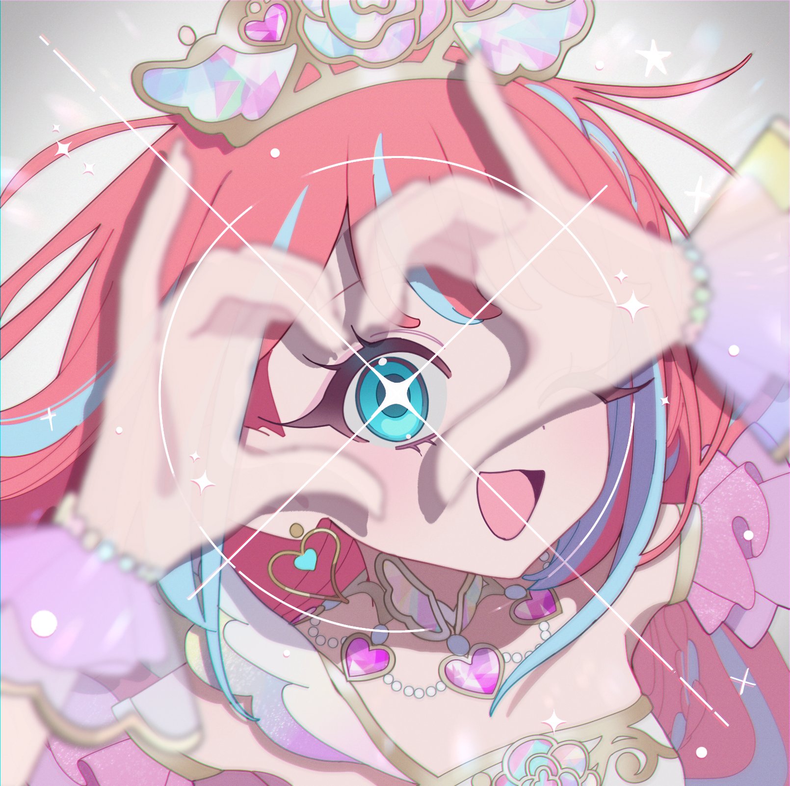 yaiyaiko, hibino matsuri, hibino matsuri (primagista), pretty series, waccha primagi!, highres, :d, blue eyes, blue hair, blurry, blurry foreground, depth of field, dot nose, earrings, gem, hands up, heart, heart earrings, heart necklace, idol, idol clothes, jewelry, light blush, long hair, looking at viewer, multicolored hair, necklace, open mouth, pink gemstone, pink hair, pink wrist cuffs, smile, sparkle, star (symbol), tiara, two-tone hair, upper body, wrist cuffs