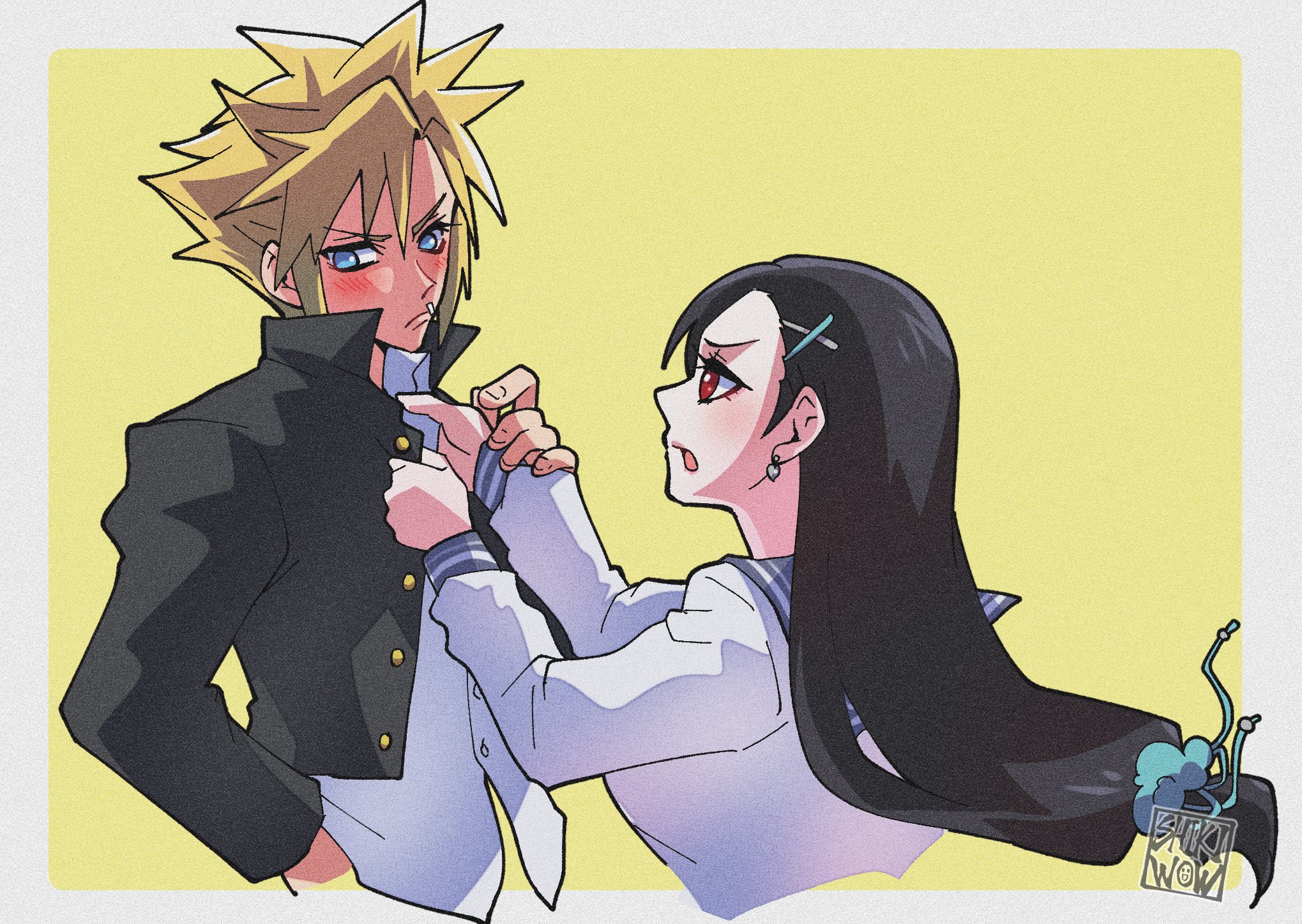 shikiwo, cloud strife, tifa lockhart, tifa lockhart (midgard seventh high school), final fantasy, final fantasy vii, final fantasy vii ever crisis, commentary request, highres, 1boy, 1girl, adjusting another's clothes, averting eyes, bandaid, bandaid on cheek, bandaid on face, black hair, black jacket, blonde hair, blue sailor collar, blue scrunchie, blush, border, breasts, closed mouth, cloud strife (midgard seventh high school), delinquent, earrings, gakuran, grey border, hair ornament, hair scrunchie, hairclip, jacket, jewelry, large breasts, long hair, long sleeves, looking at another, low-tied long hair, official alternate costume, open clothes, open jacket, open mouth, outside border, red eyes, sailor collar, school uniform, scrunchie, serafuku, shirt, short hair, signature, spiked hair, upper body, white serafuku, white shirt, yellow background