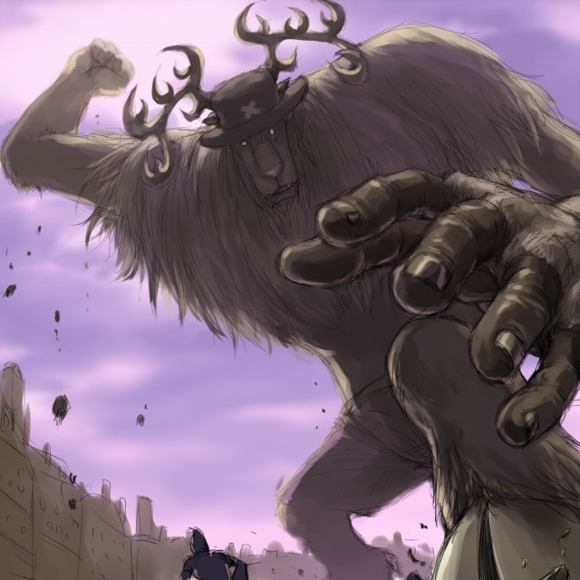 mosha, franky (one piece), tony tony chopper, one piece, shadow of the colossus, fur, 1boy, antlers, attack, colossus, cyborg, devil fruit, doctor, giant, hat, horns, monster boy, parody, pirate, reindeer, size difference, sky, transformation