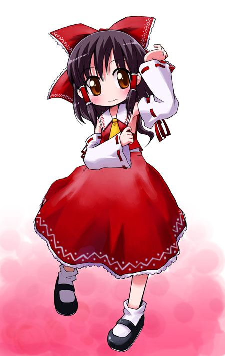 hakurei reimu, touhou, 1girl, ascot, blush, bow, brown eyes, brown hair, detached sleeves, female focus, frown, hair tubes, hat, hat bow, long hair, long sleeves, mary janes, red bow, ribbon-trimmed sleeves, ribbon trim, shoes, socks, solo, wavy mouth, white socks