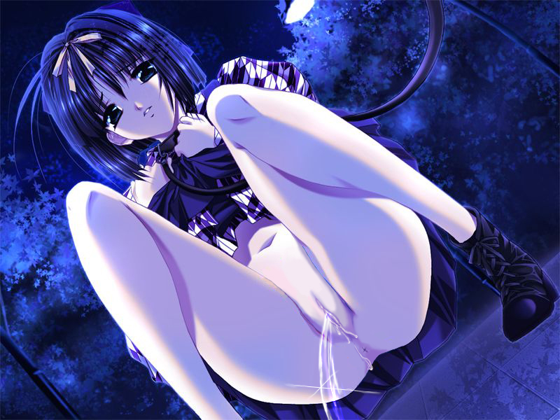 orimiya mai, nagase mayu, bishoku, game cg, 1girl, anus, ass, bdsm, bitch taken for walk, blue eyes, blue hair, bottomless, collar, female focus, leash, legs, matching hair/eyes, night, no panties, outdoors, peeing, pet play, public indecency, pussy, ribbon, shoes, solo, spread legs, squatting, thighs, uncensored
