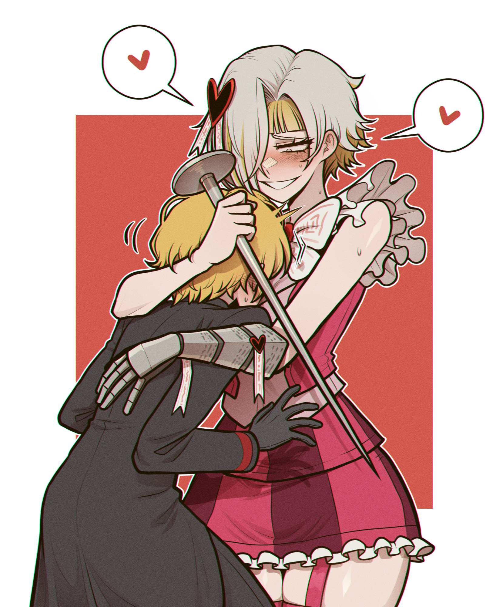 misg1111, kromer (project moon), sinclair (project moon), limbus company, project moon, highres, 1boy, 1girl, black coat, black gloves, blonde hair, blush, border, bow, bowtie, coat, e.g.o (project moon), face to breasts, gauntlets, gloves, grey eyes, grin, hair ornament, hair over one eye, heart, heart hair ornament, holding, holding nail, hug, in the name of love and hate (e.g.o), long sleeves, multicolored hair, nail (hardware), pink garter straps, pink skirt, pink vest, red background, short hair, simple background, single gauntlet, skirt, smile, standing, streaked hair, thighhighs, thighs, upper body, vest, wax seal, white border, white bow, white bowtie, white hair, white thighhighs