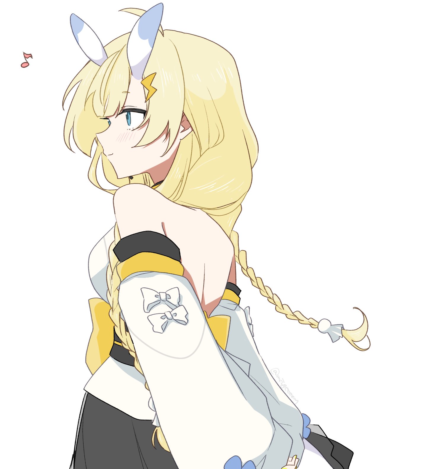 micoto (mctgeeeem), kadou mikaru, nijisanji, highres, 1girl, ahoge, arms behind back, backless kimono, backless outfit, bare shoulders, black skirt, blonde hair, blue eyes, blue horns, blush, bow, braid, breasts, closed mouth, cowboy shot, detached sleeves, eighth note, from behind, hair ornament, hair over shoulder, hakama, hakama skirt, horns, japanese clothes, kimono, large breasts, lightning bolt, lightning bolt hair ornament, lightning bolt symbol, long sleeves, looking afar, low twin braids, multicolored horns, musical note, no headwear, no jacket, obi, obi bow, obijime, profile, puffy long sleeves, puffy sleeves, sash, simple background, skirt, solo, teruterubouzu, twin braids, twitter username, two-tone horns, upturned eyes, virtual youtuber, white background, white bow, white horns, white kimono, yellow bow