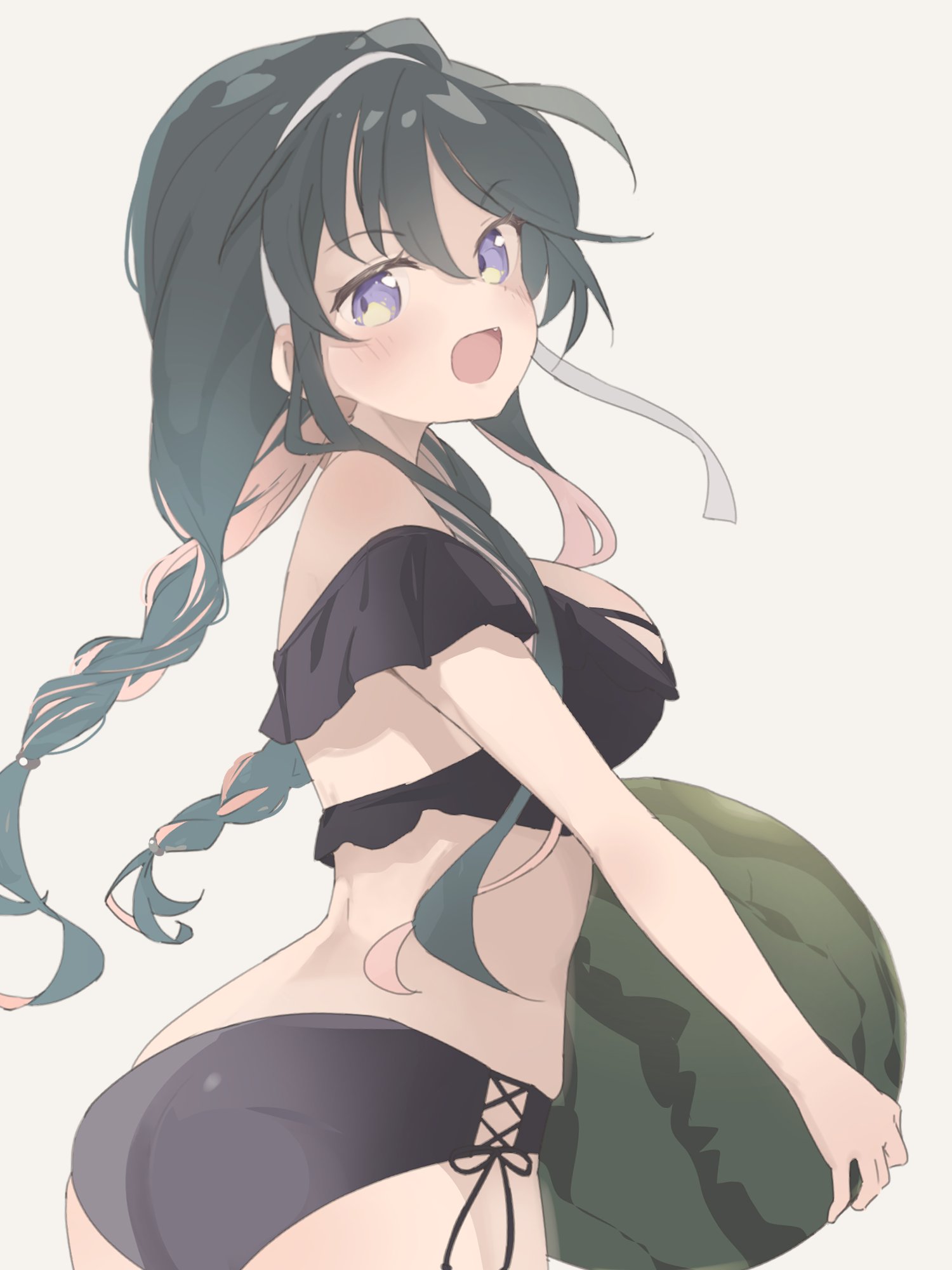satsuki tooka, naganami (kancolle), kantai collection, highres, 1girl, bikini, black bikini, black hair, braid, breasts, cowboy shot, food, frills, fruit, hairband, large breasts, long hair, looking at viewer, low twin braids, multicolored hair, naganami kai ni (swimsuit) (kancolle), pink hair, smile, solo, swimsuit, twin braids, two-tone hair, watermelon, wavy hair, white background, yellow eyes