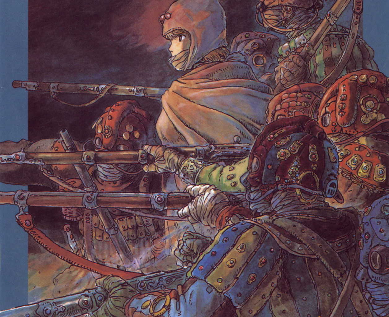 miyazaki hayao, nausicaa, kaze no tani no nausicaa, studio ghibli, 1980s (style), official art, gun, mask, retro artstyle, weapon