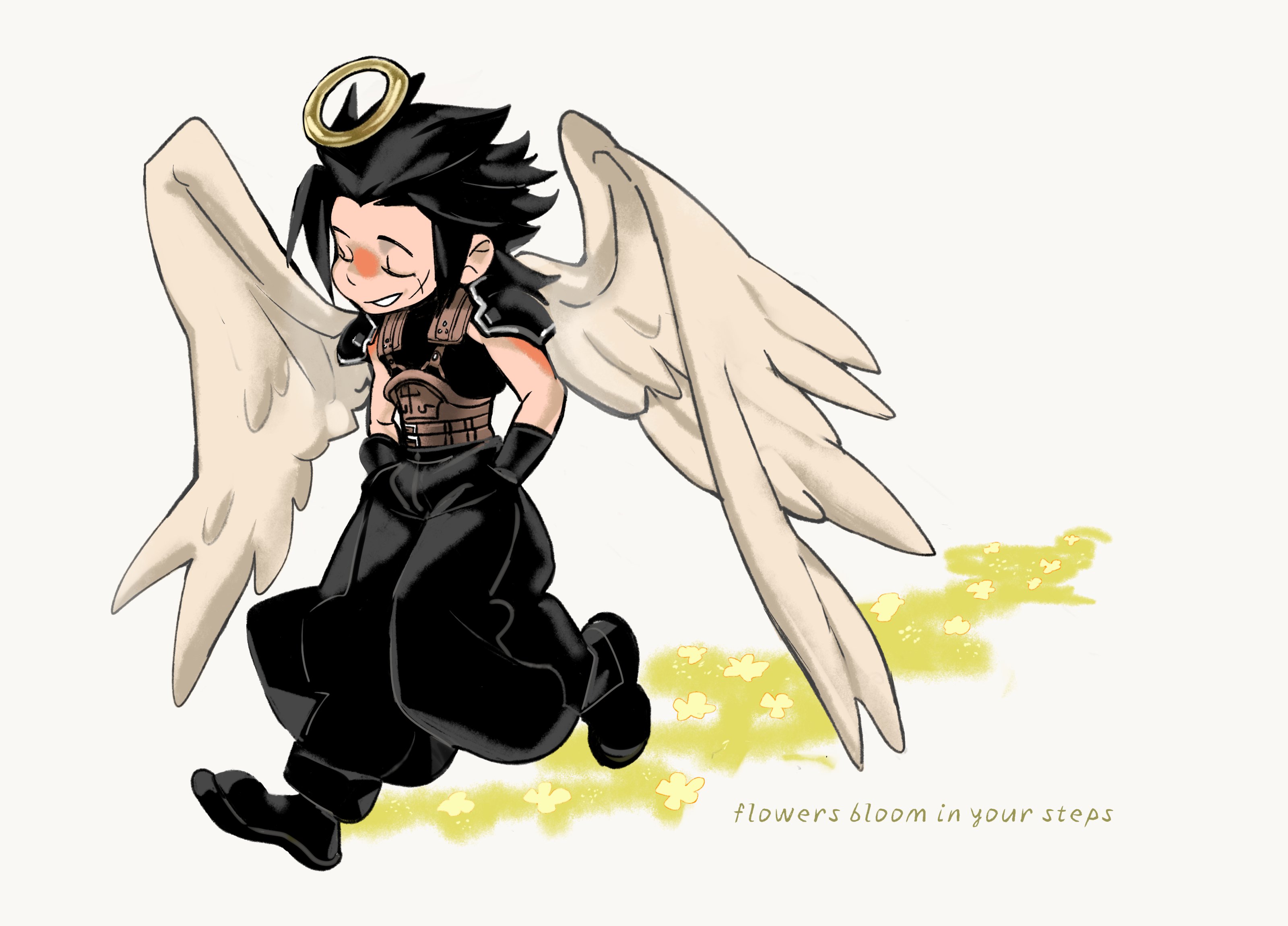 4k1030, zack fair, crisis core final fantasy vii, final fantasy, final fantasy vii, absurdres, highres, 1boy, angel, angel wings, armor, baggy pants, black gloves, black hair, black pants, black sweater, closed eyes, cross scar, facial scar, feathered wings, flower, full body, gloves, hair slicked back, halo, hands in pockets, male focus, pants, parted lips, scar, scar on cheek, scar on face, short hair, shoulder armor, simple background, sleeveless, sleeveless turtleneck, solo, spiked hair, suspenders, sweater, turtleneck, turtleneck sweater, walking, white wings, wings, yellow flower