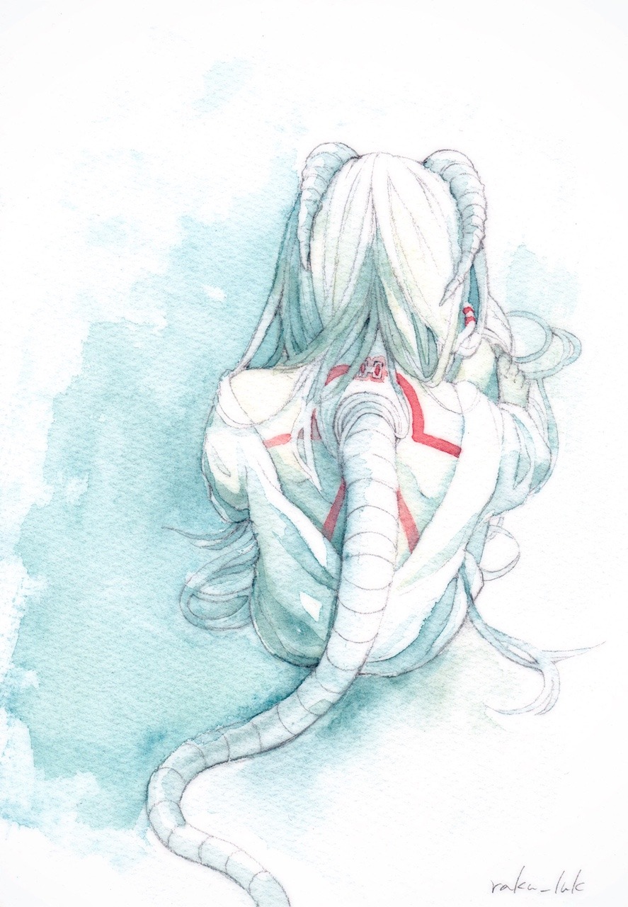 original, highres, painting (medium), traditional media, watercolor (medium), 1other, artist name, cable, colored skin, from above, from behind, full body, hair over shoulder, hair spread out, horns, long hair, low neckline, markings, other focus, parted hair, sakai raku, shadow, shirt, sitting, solo, spot color, straight hair, very long hair, white hair, white horns, white shirt, white skin