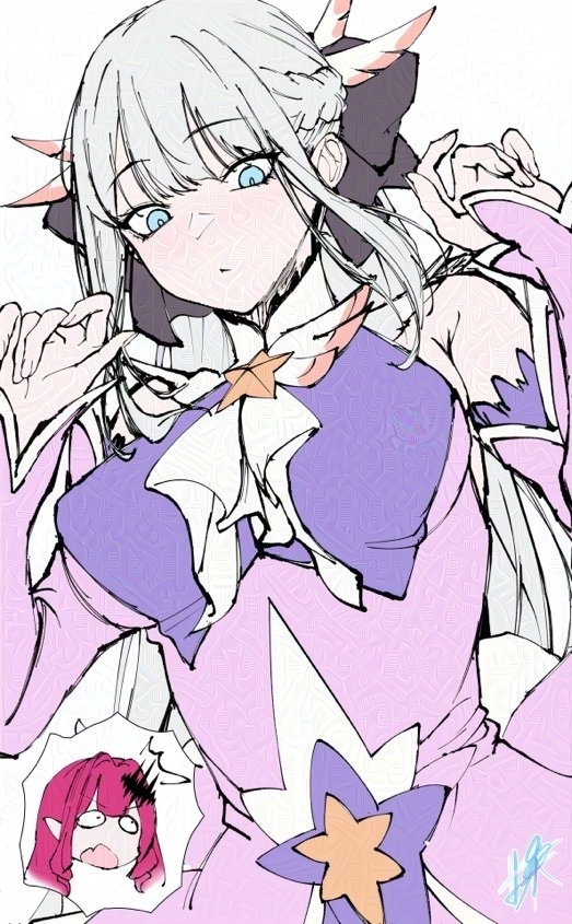 urato hotaru, baobhan sith (fate), illyasviel von einzbern, morgan le fay (fate), prisma illya, prisma illya (zwei form), fate/grand order, fate (series), black bow, blue eyes, bow, braid, cosplay, hair between eyes, hair bow, half up braid, long hair, magical girl, mother and daughter, multiple girls, open mouth, pink hair, pointy ears, ponytail, prisma illya (zwei form) (cosplay), simple background, very long hair, white background, white hair