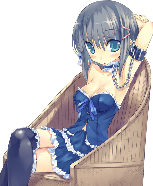 mikage sekizai, aizawa sakuya, hayate no gotoku!, silver hair, 00s, 1girl, armpits, blush, breasts, chain, choker, cleavage, crossed legs, female focus, green eyes, sitting, solo, thighhighs, zettai ryouiki