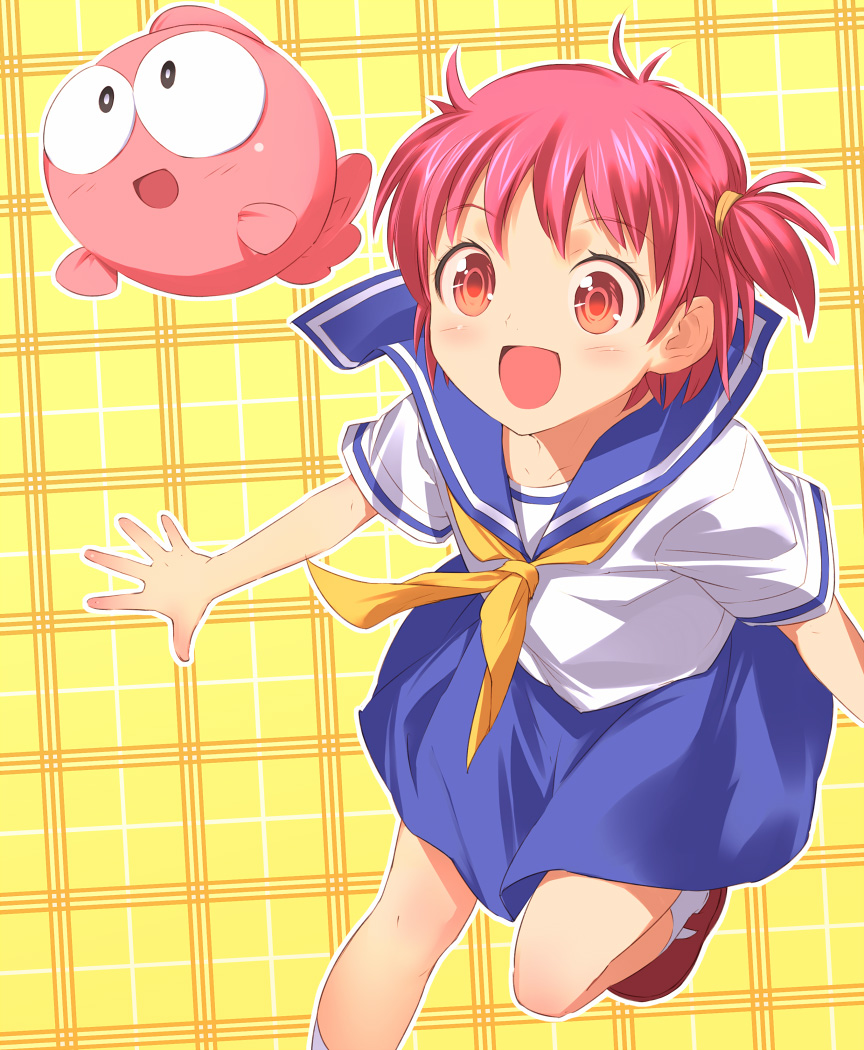uni (plastic girl), gyopi, wapiko, kingyo chuuihou!, plaid, 1girl, blue sailor collar, blush, female focus, fish, flat chest, happy, mary janes, pink hair, red eyes, running, sailor collar, school uniform, serafuku, shoes, short hair, side ponytail, skirt, smile, socks, solo