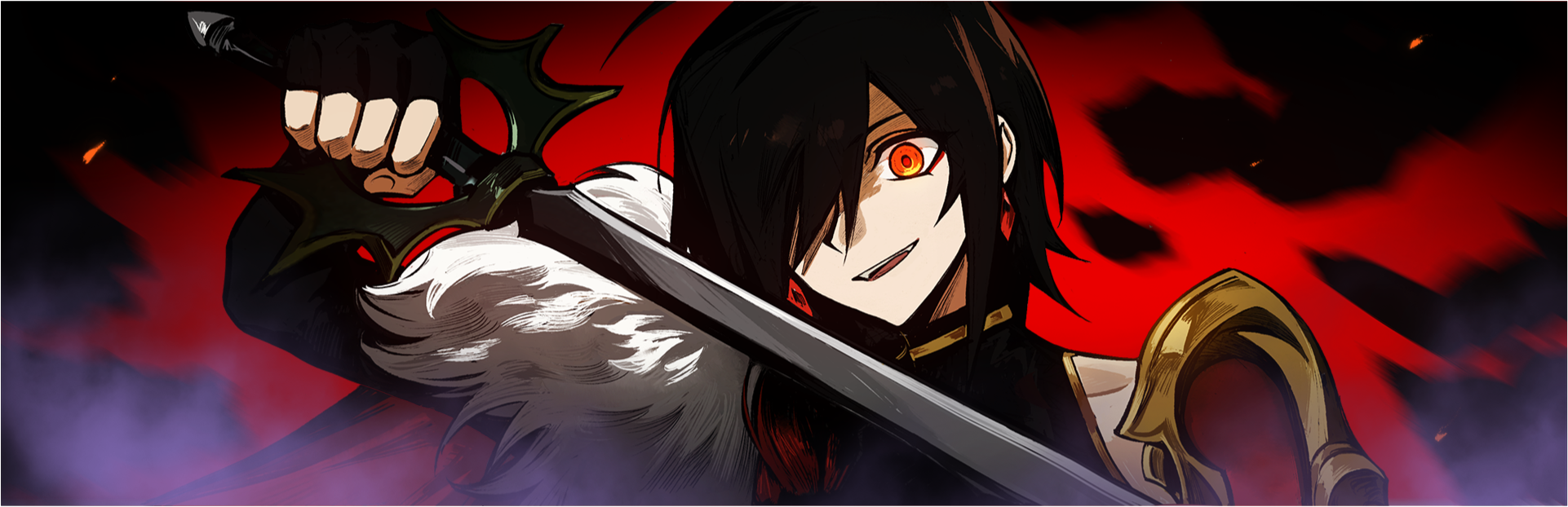 leclle, lebsa lorace, volcano princess, highres, official art, spoilers, 1girl, arm up, armor, black hair, braid, earrings, evil smile, fingerless gloves, fur trim, gloves, hair over one eye, holding, holding sword, holding weapon, jewelry, long hair, looking at viewer, open mouth, orange eyes, shoulder armor, single braid, smile, sword, weapon