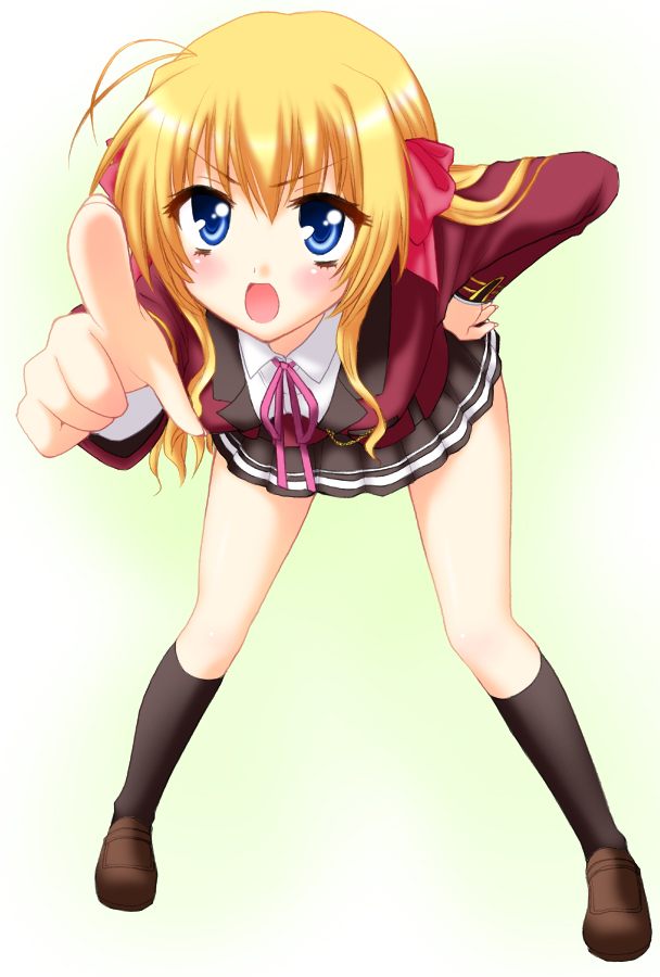 saki chisuzu, sendou erika, fortune arterial, blonde hair, blue eyes, leaning forward, pointing, school uniform, serafuku, solo