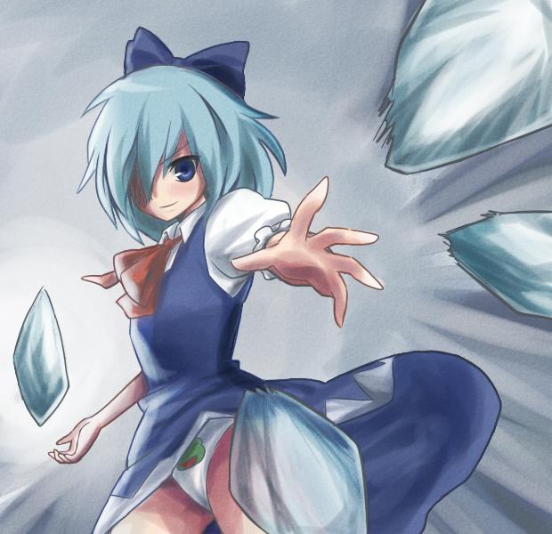 kiji (manekinuko-tei), cirno, embodiment of scarlet devil, touhou, 1girl, danmaku, dress, female focus, gradient background, hair over one eye, panties, solo, underwear
