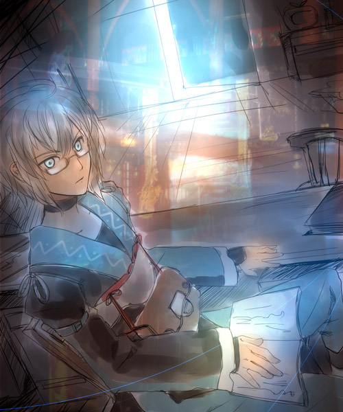 torii sumi, morichika rinnosuke, curiosities of lotus asia, touhou, 1boy, bag, book, from above, glasses, male focus, sitting, solo, sunlight, window